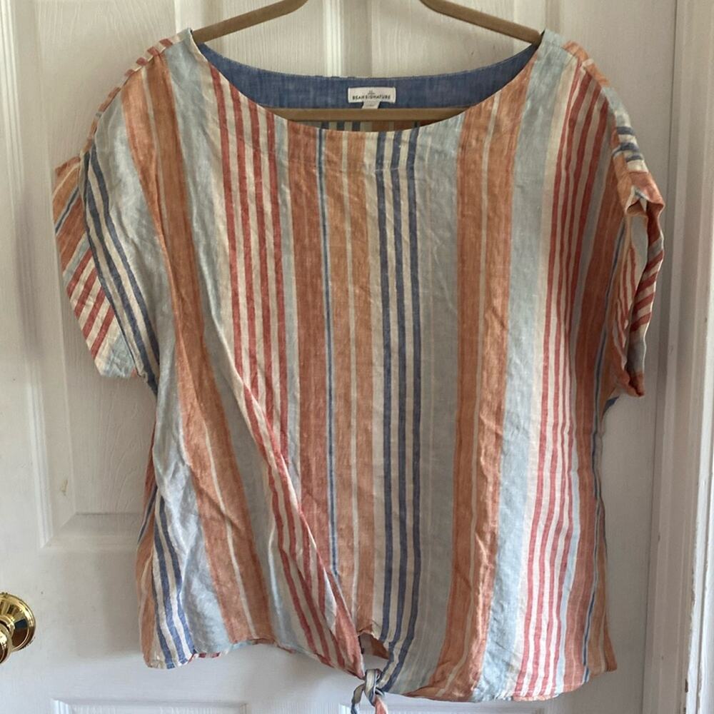 LL Bean Signature women’s size Large slip over linen striped blouse top